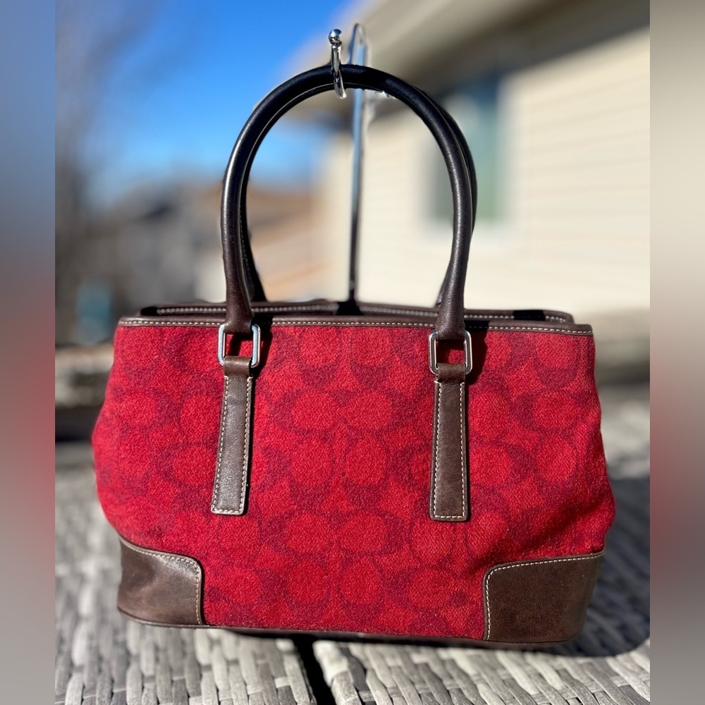 1991 Rare True Vintage Coach Signature Wool & Leather Tote Deep Red EUC! - Picture 2 of 13